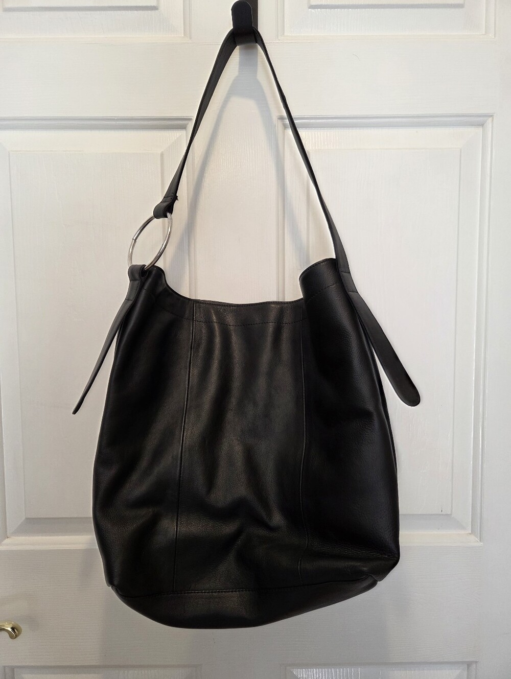 Black Leather Shoulder Bag with Silver Ring Detail, NorthStyle